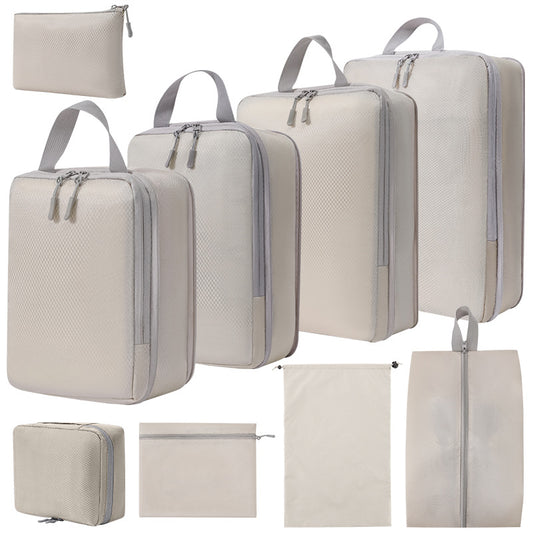 9-Piece Compression Packing Cube Set - Water-Resistant Travel Luggage Organizers - Khaki