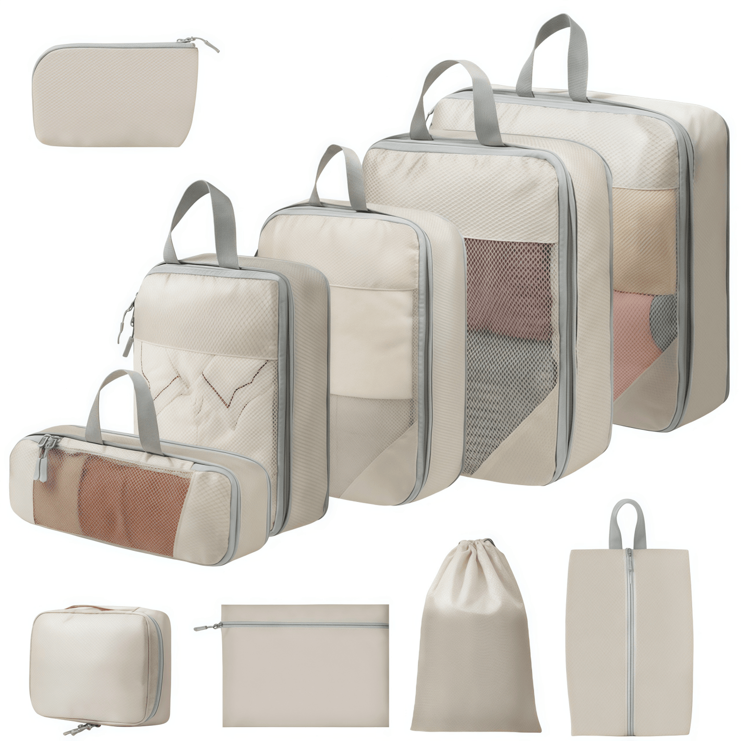 10-Piece Travel Compression Packing Cubes Set - Water-Resistant Ripstop Luggage Organizers - Khaki