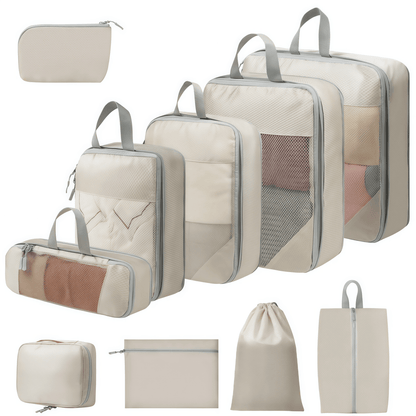 10-Piece Travel Compression Packing Cubes Set - Water-Resistant Ripstop Luggage Organizers - Khaki