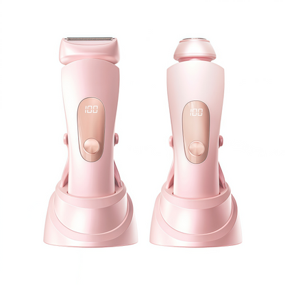 Women's 2-in-1 Rechargeable Electric Shaver & Hair Trimmer with LED Display, IPX7 Waterproof - Pink