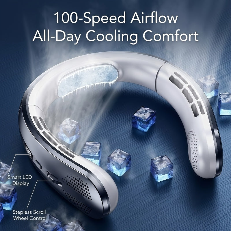 Portable Wearable Neck Fan with Ceramic Cooling Pad, 5000mAh Battery, 100-Speed Stepless Control, Bladeless Design