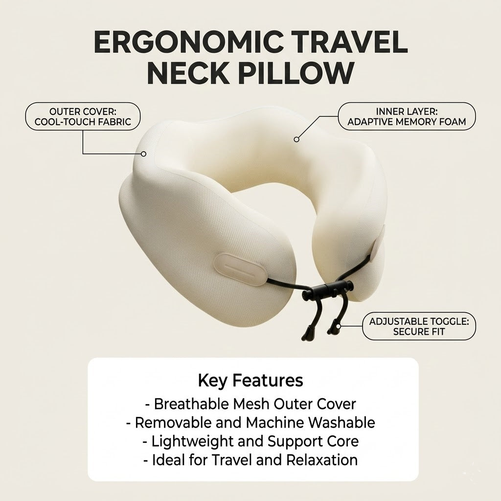 Ergonomic Memory Foam Travel Neck Pillow with Breathable Cooling Cover & Compact Storage Case