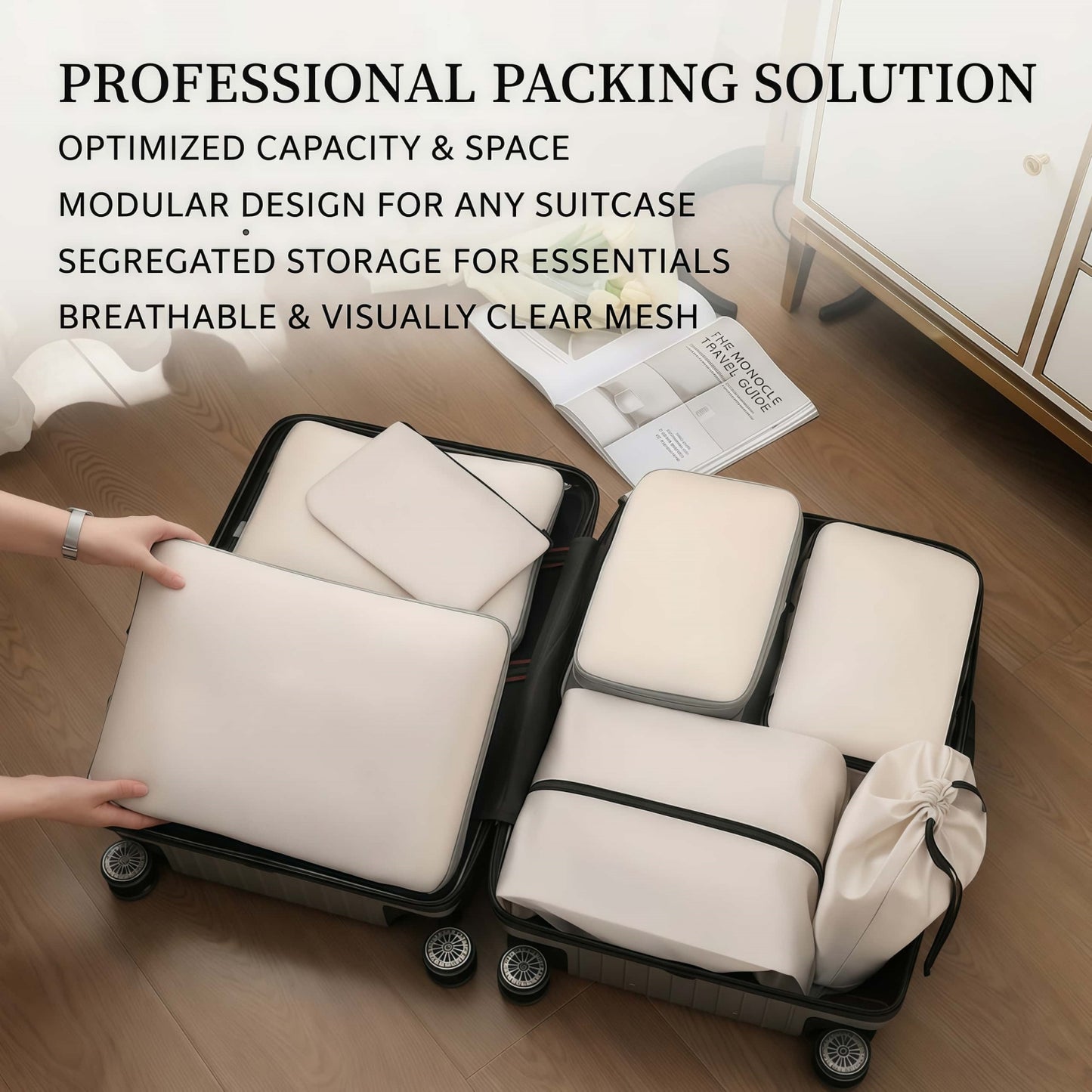 6-Piece Compression Packing Cubes Set - Water-Resistant Travel Luggage Organizers with Shoe Bag - Khaki