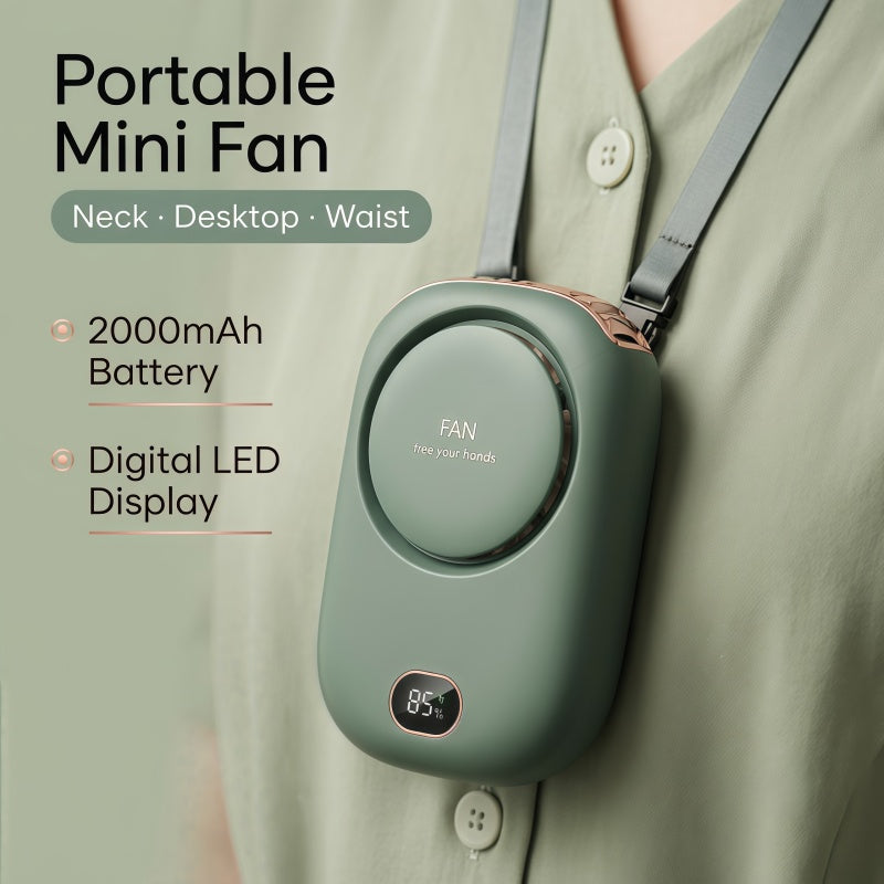 Portable Neck Fan, 3-in-1 Hands-Free Personal Fan with LED Display, 2000mAh USB-C Rechargeable, 3 Speeds & Ultra-Quiet Brushless Motor