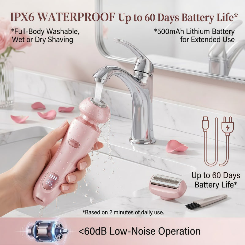2-in-1 Women's Electric Shaver - Wet & Dry Rechargeable Hair Trimmer with LED Display & Interchangeable Heads, IPX6 Waterproof (Rose Gold)