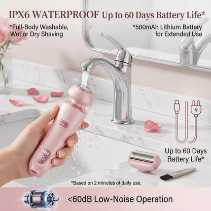 2-in-1 Women's Electric Shaver - Wet & Dry Rechargeable Hair Trimmer with LED Display & Interchangeable Heads, IPX6 Waterproof (Rose Gold)