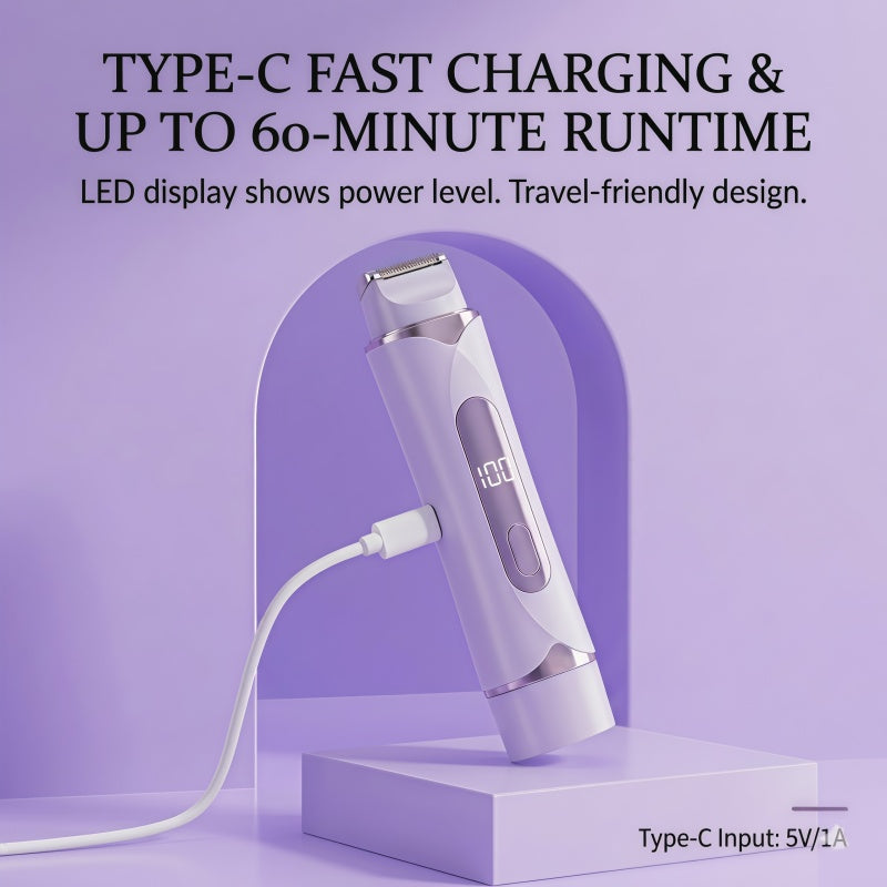 2-in-1 Electric Shaver for Women - IPX7 Waterproof Rechargeable Hair Trimmer with LED Display & Type-C Fast Charging