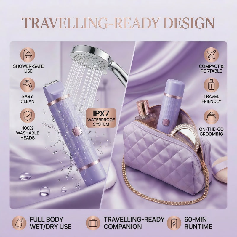 Women's 2-in-1 Electric Shaver & Hair Trimmer - IPX7 Waterproof, Cordless Wet/Dry Grooming Kit