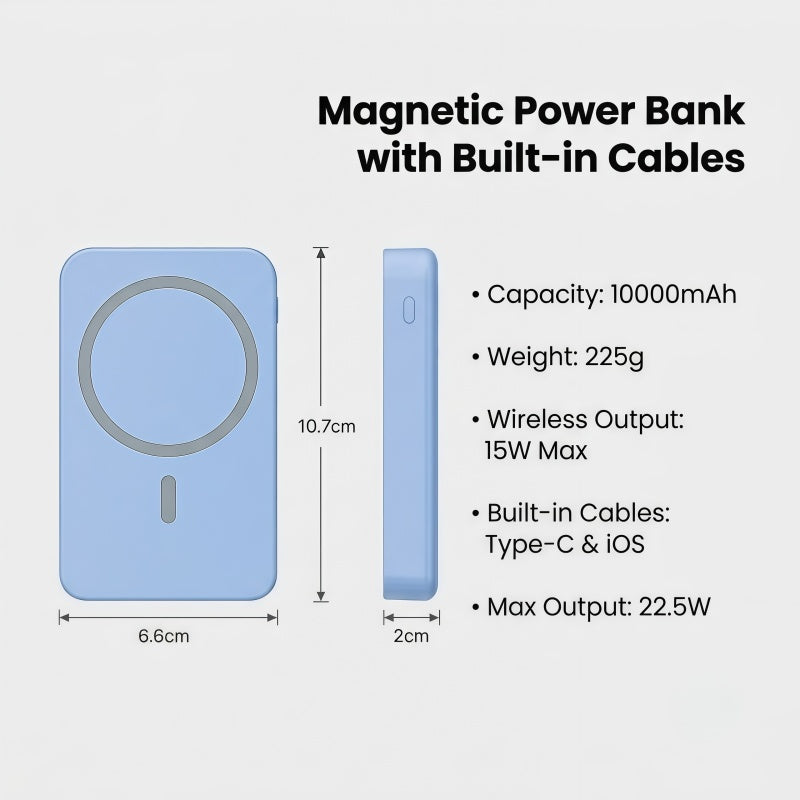 10000mAh Magnetic Power Bank with Built-in Cables & Foldable Kickstand – 22.5W Fast Charging Wireless Portable Charger