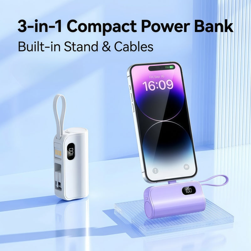5000mAh Mini Portable Power Bank with Built-in Cables & Phone Stand