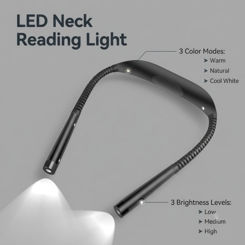 Rechargeable LED Neck Reading Light – 3 Color Modes, 3 Brightness Levels, Flexible Silicone Arms