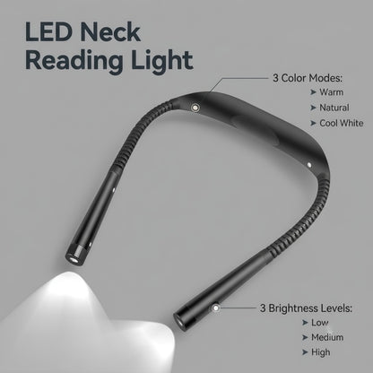 Rechargeable LED Neck Reading Light – 3 Color Modes, 3 Brightness Levels, Flexible Silicone Arms