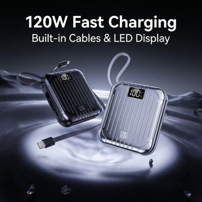 120W Fast Charging Power Bank with Built-in Cables & Digital LED Display - Portable Charger for iPhone, Type-C Devices