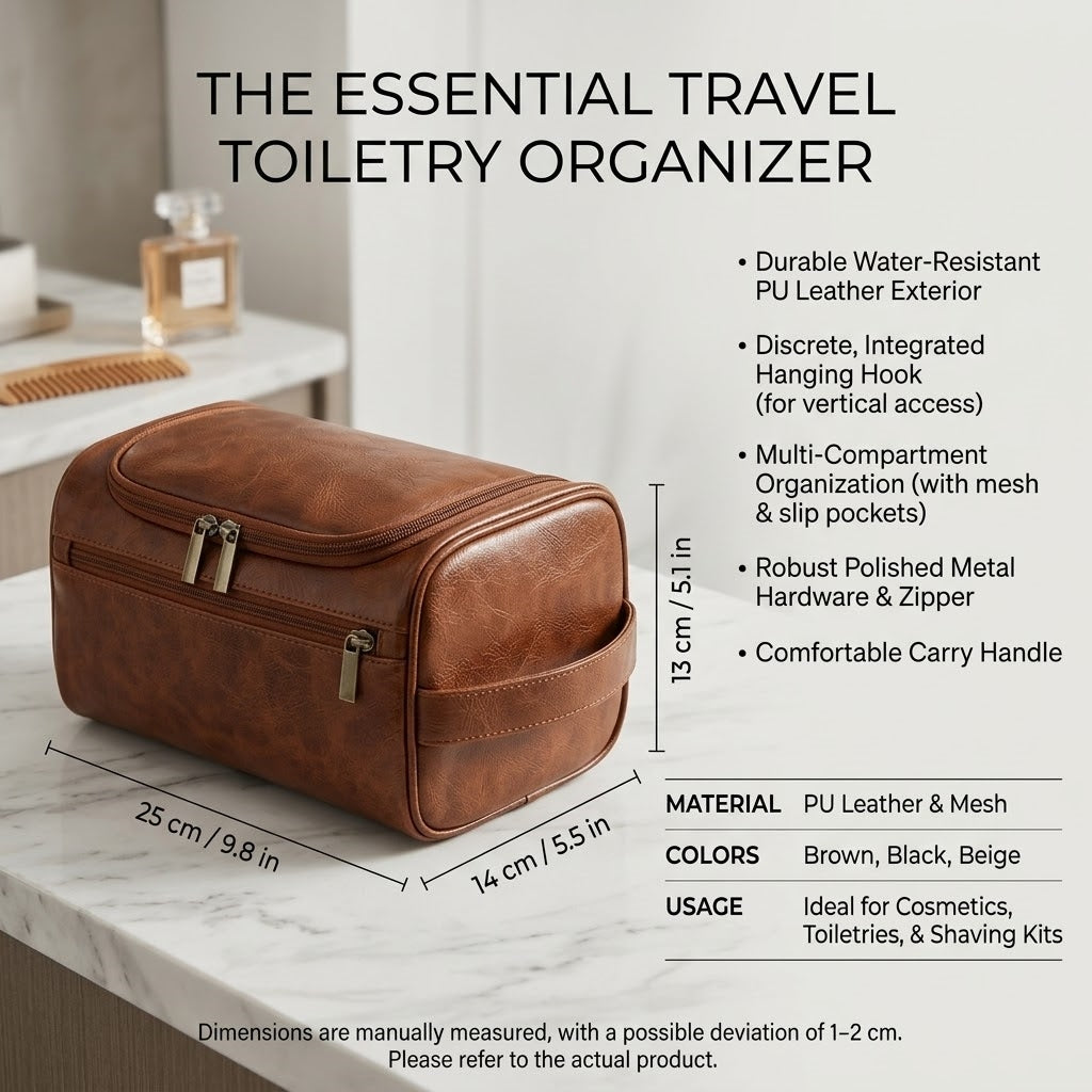 Large Capacity Hanging Toiletry Bag - Water-Resistant PU Leather Travel Organizer, 9.8" x 5.5" x 5.1"