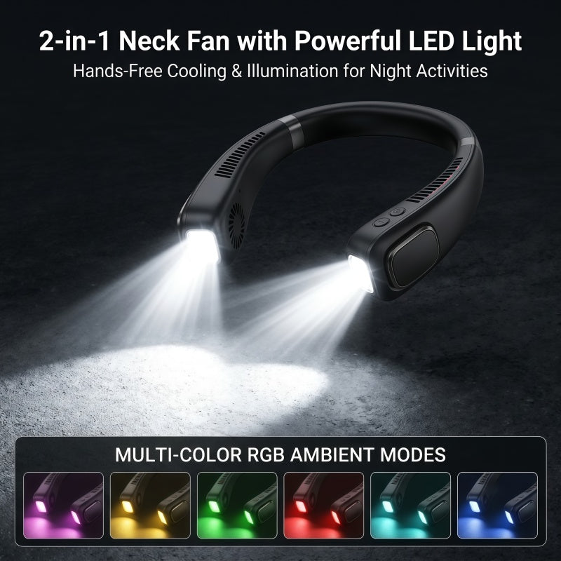 Portable Neck Fan with LED Light, 360° Airflow Ceramic Ice Cooling, 5 Speeds, 4000mAh Rechargeable Wearable Personal Fan