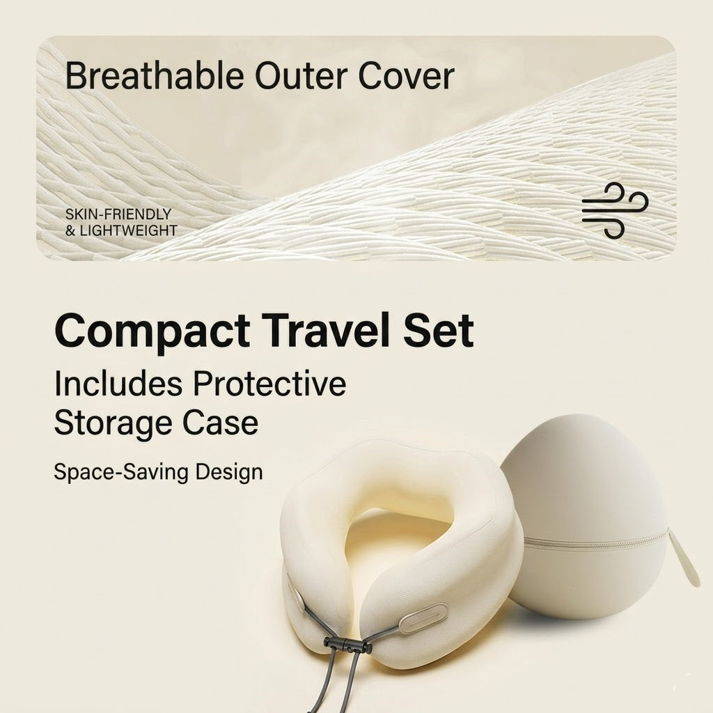 Ergonomic Memory Foam Travel Neck Pillow with Breathable Cooling Cover & Compact Storage Case