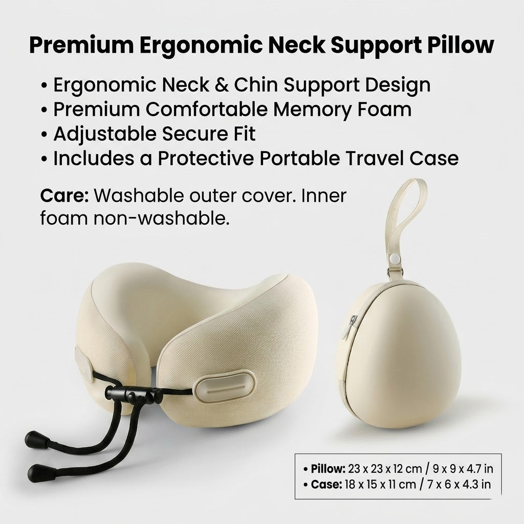 Ergonomic Memory Foam Travel Neck Pillow with Compact Hard Case, 3D Contoured Support, Washable Cover
