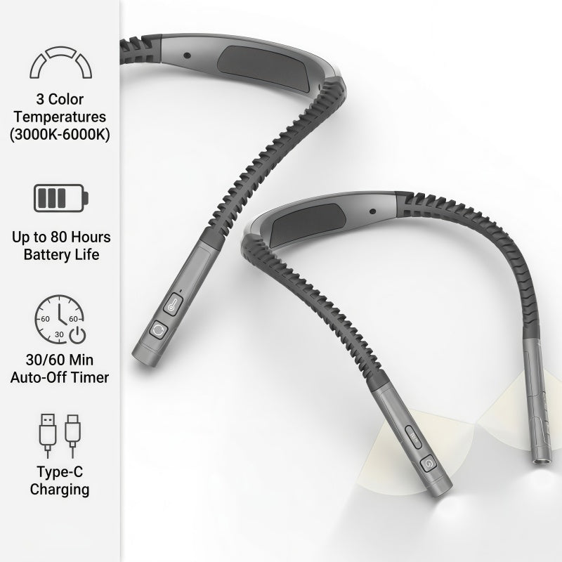 LED Neck Reading Light – Rechargeable Wearable Book Light with 3 Color Modes, Stepless Dimming & Auto-Off Timer