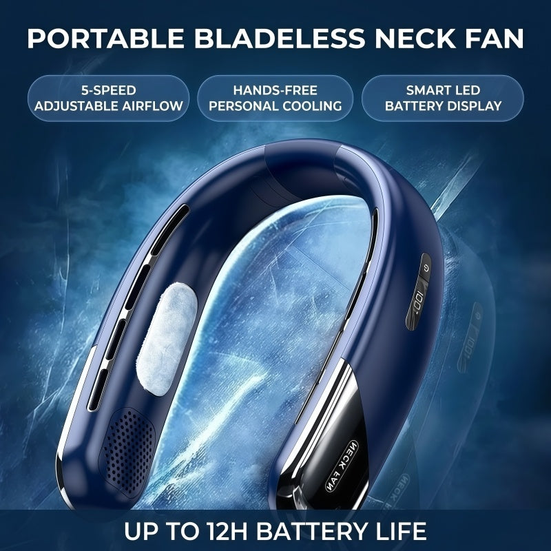 Portable Bladeless Neck Fan – 360° Cooling, 5-Speed Personal Wearable Fan with Smart LED Display & TEC Cooling Plate