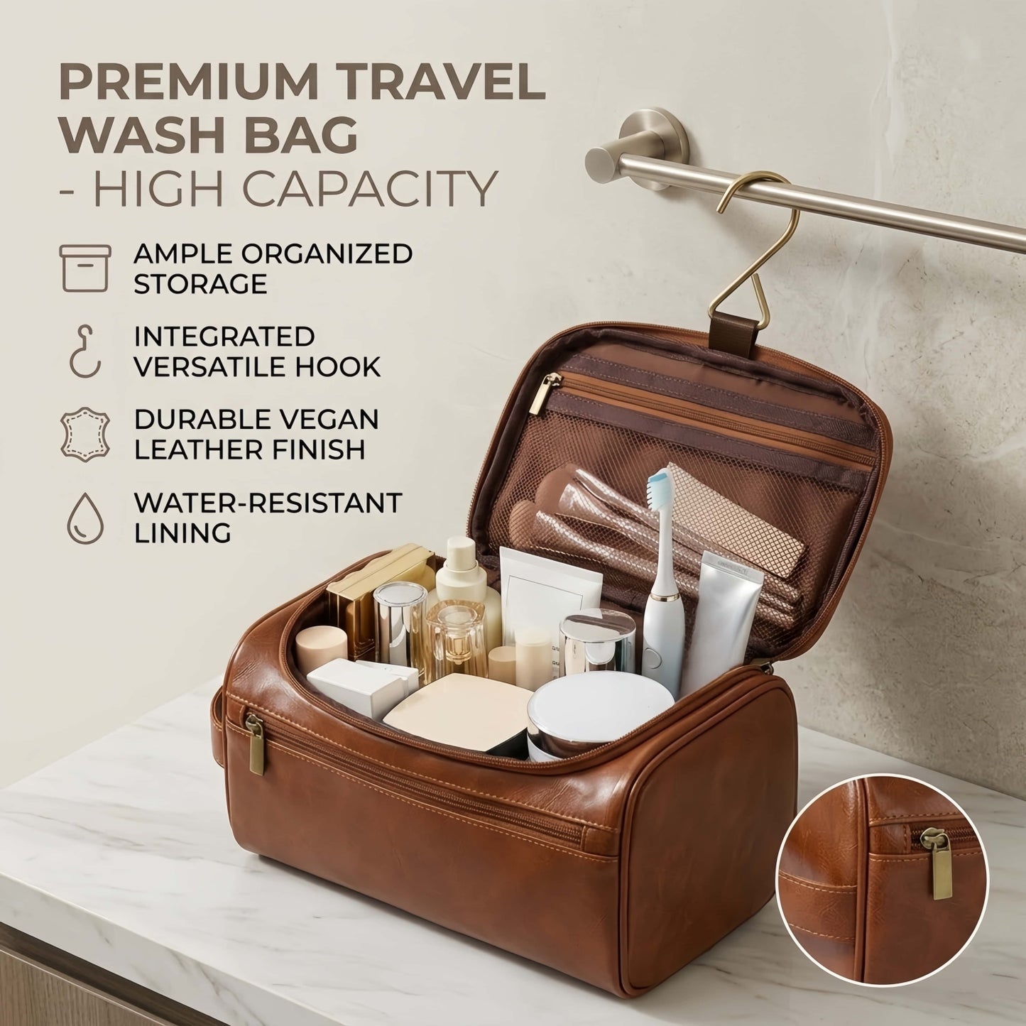 Large Capacity Hanging Toiletry Bag - Water-Resistant PU Leather Travel Organizer, 9.8" x 5.5" x 5.1"