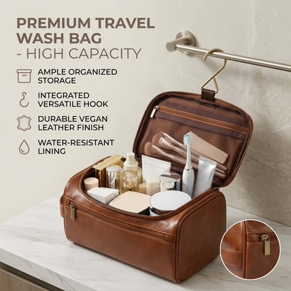 Large Capacity Hanging Toiletry Bag - Water-Resistant PU Leather Travel Organizer, 9.8" x 5.5" x 5.1"