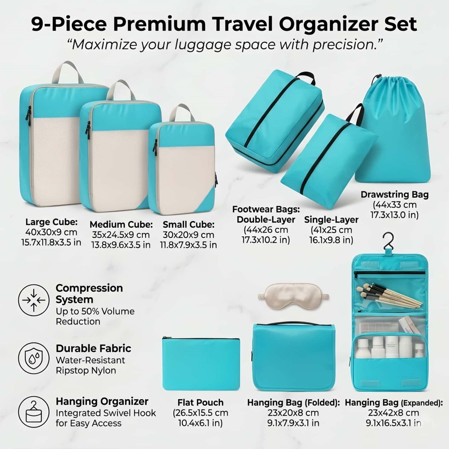 Compression Travel Packing Cubes & Organizer Set - Water-Resistant Ripstop Nylon