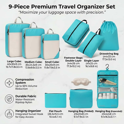 Compression Travel Packing Cubes & Organizer Set - Water-Resistant Ripstop Nylon