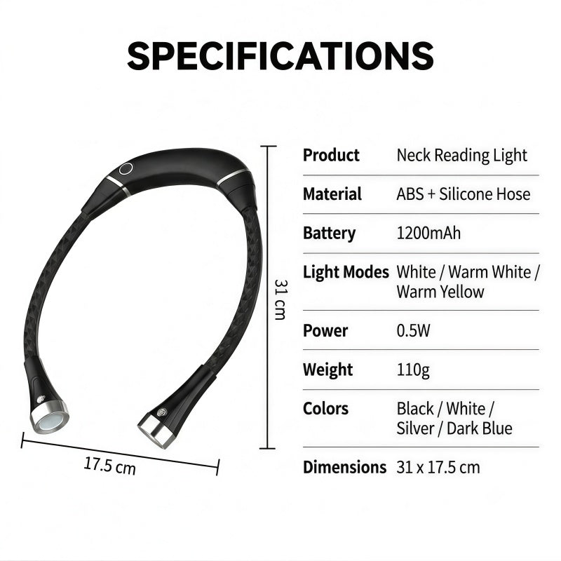 Rechargeable LED Neck Reading Light – Hands-Free Flexible Book Light with 3 Color Modes & Power Bank