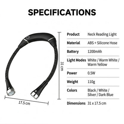 Rechargeable LED Neck Reading Light – Hands-Free Flexible Book Light with 3 Color Modes & Power Bank