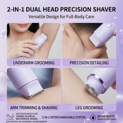 2-in-1 Cordless Women's Electric Shaver & Trimmer Set, IPX7 Waterproof, USB-C Rechargeable, Purple