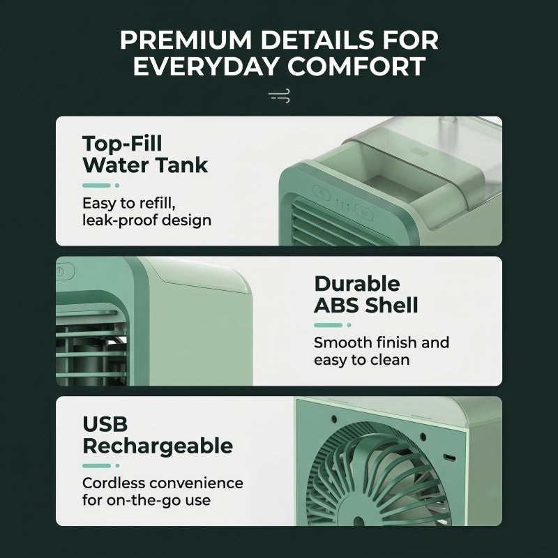 Portable Desktop Air Cooler Fan – USB Rechargeable Evaporative Air Conditioner with Top-Fill Water Tank, 3 Speeds & Ultra-Quiet Operation