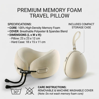 Ergonomic Memory Foam Travel Neck Pillow with Compact Hard Case, 3D Contoured Support, Washable Cover
