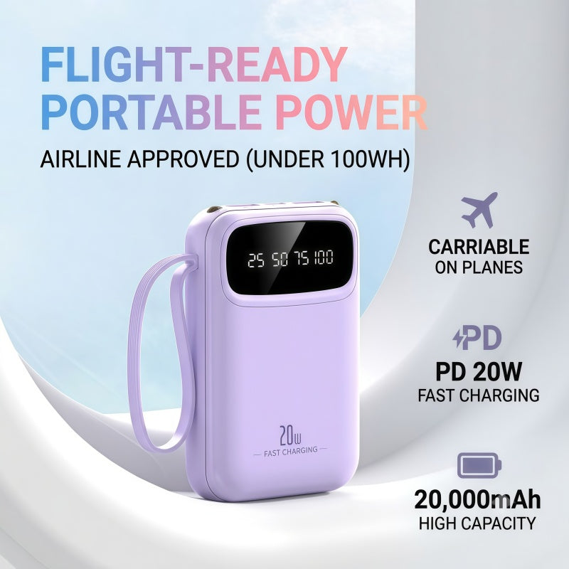 20W PD Fast Charging Portable Power Bank with Built-in Cables, LED Display & Flashlight