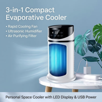 3-in-1 Portable Evaporative Air Cooler & Humidifier – Desk Tower Fan with LED Touch Screen, 6 Speeds & 12H Timer