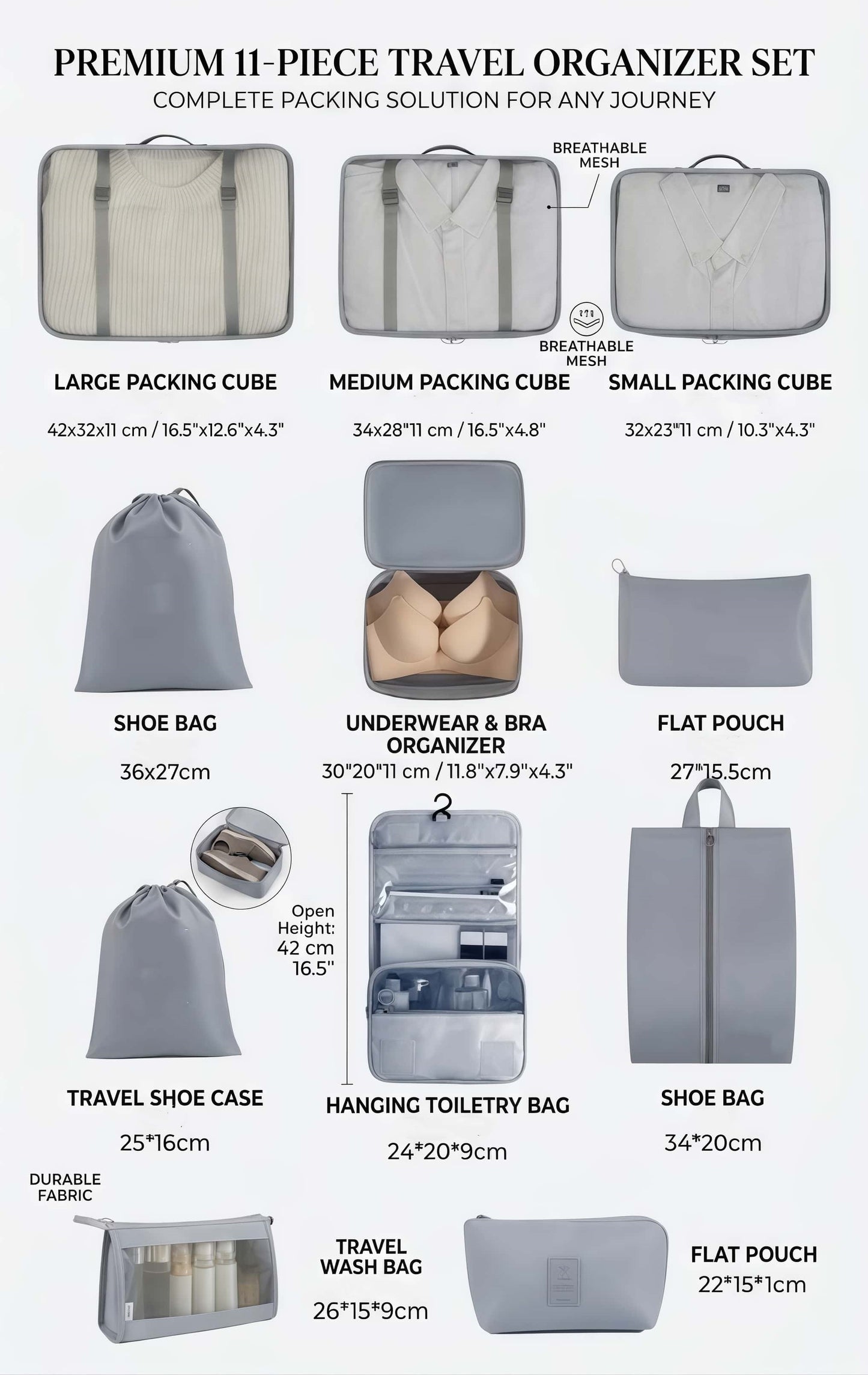 Water-Resistant Travel Packing Cubes Set - Luggage Organizers with Hanging Toiletry Bag & Shoe Pouches