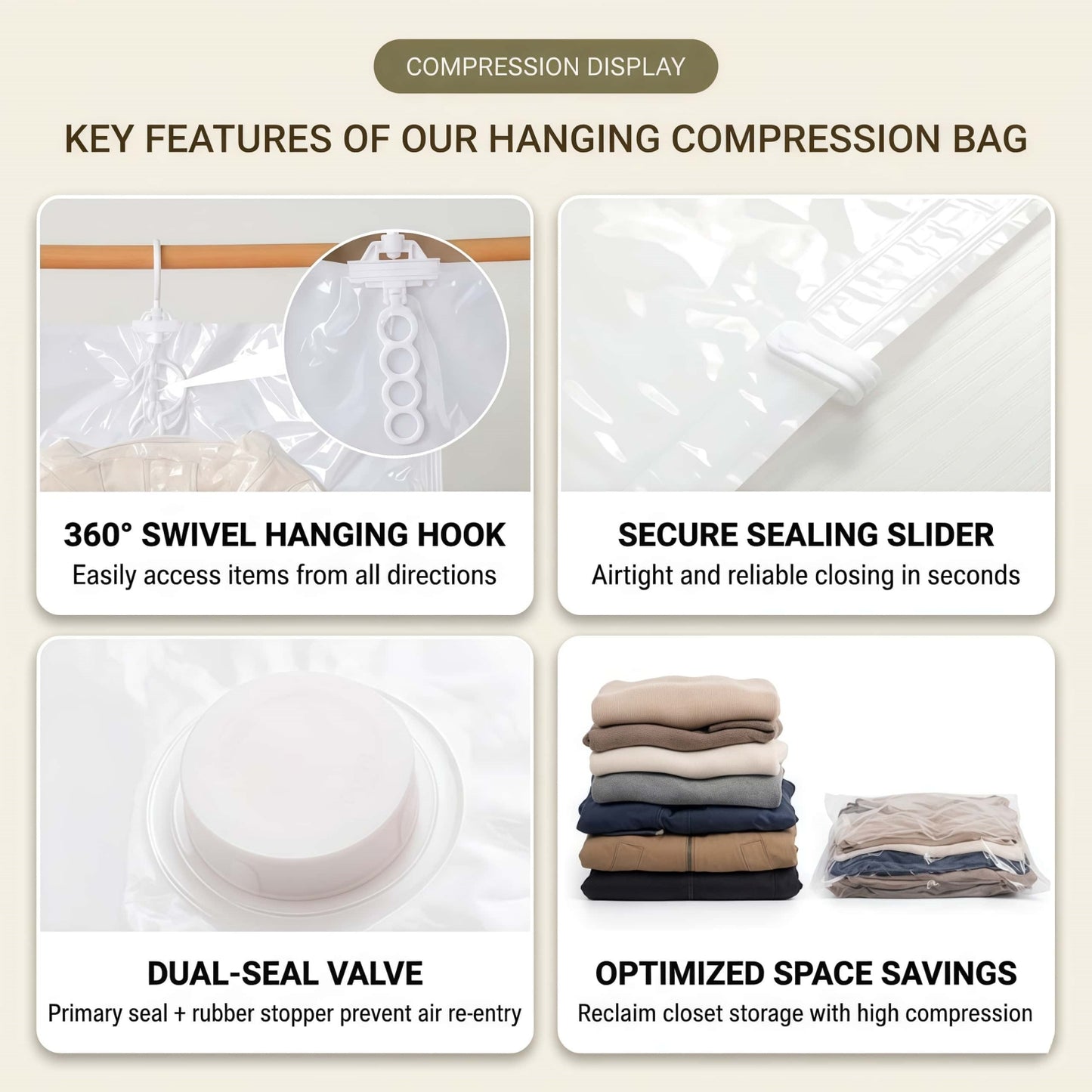 Heavy-Duty Hanging Vacuum Storage Bags for Closet Organization, Clear Space Saving Garment Bags with Hook