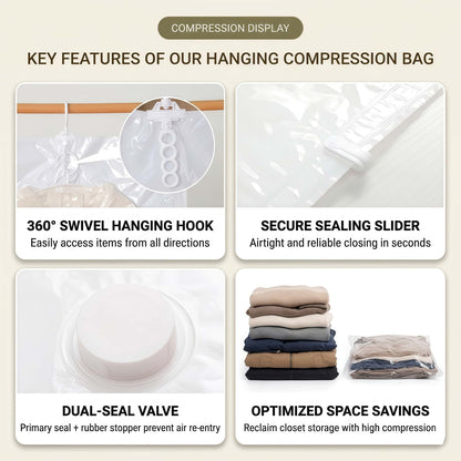 Heavy-Duty Hanging Vacuum Storage Bags for Closet Organization, Clear Space Saving Garment Bags with Hook