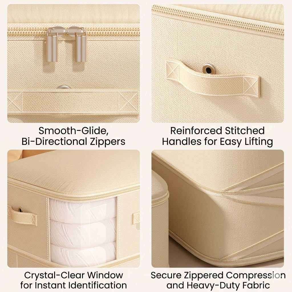 Multi-Layer Compressible Fabric Storage Bag with Air Valve and Window for Blankets Quilts, Multiple Sizes