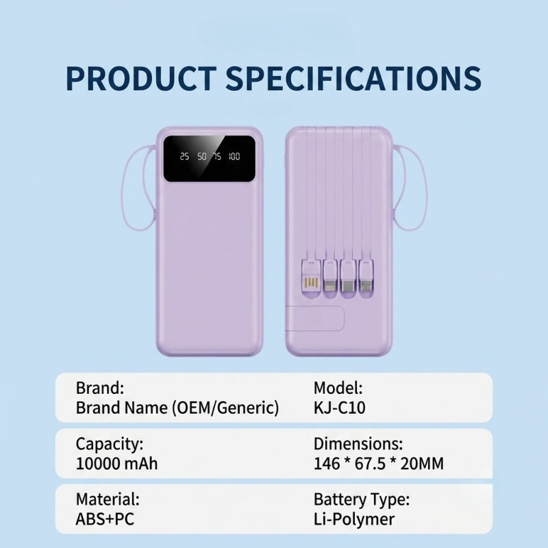 Portable Power Bank 10000mAh with Built-in Cables – 27W PD Fast Charging Travel Battery Pack with Digital LED Display