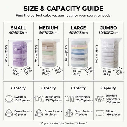 Heavy-Duty Cube Vacuum Storage Bags - No Pump Needed Space Saver Bags for Clothes & Bedding, Airtight & Waterproof