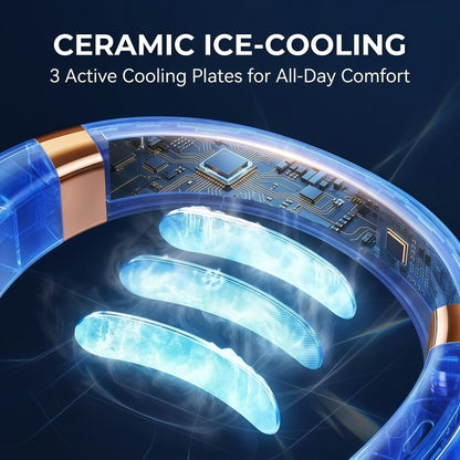 Portable Neck Fan with LED Light, 360° Airflow Ceramic Ice Cooling, 5 Speeds, 4000mAh Rechargeable Wearable Personal Fan