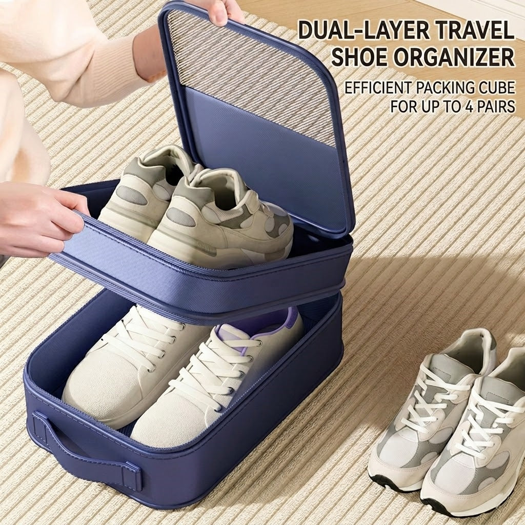 Dual-Layer Travel Shoe Organizer Bag - Water-Repellent Portable Packing Cube with Trolley Sleeve - Blue