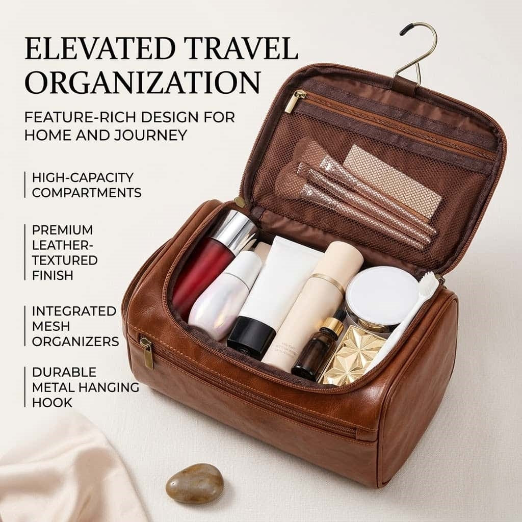 Large Capacity Hanging Toiletry Bag - Water-Resistant PU Leather Travel Organizer, 9.8" x 5.5" x 5.1"