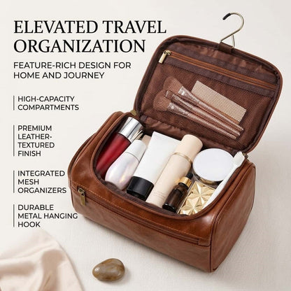 Large Capacity Hanging Toiletry Bag - Water-Resistant PU Leather Travel Organizer, 9.8" x 5.5" x 5.1"