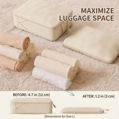 7-Piece Compression Packing Cubes Set for Travel, Water-Resistant Luggage Organizers - Beige