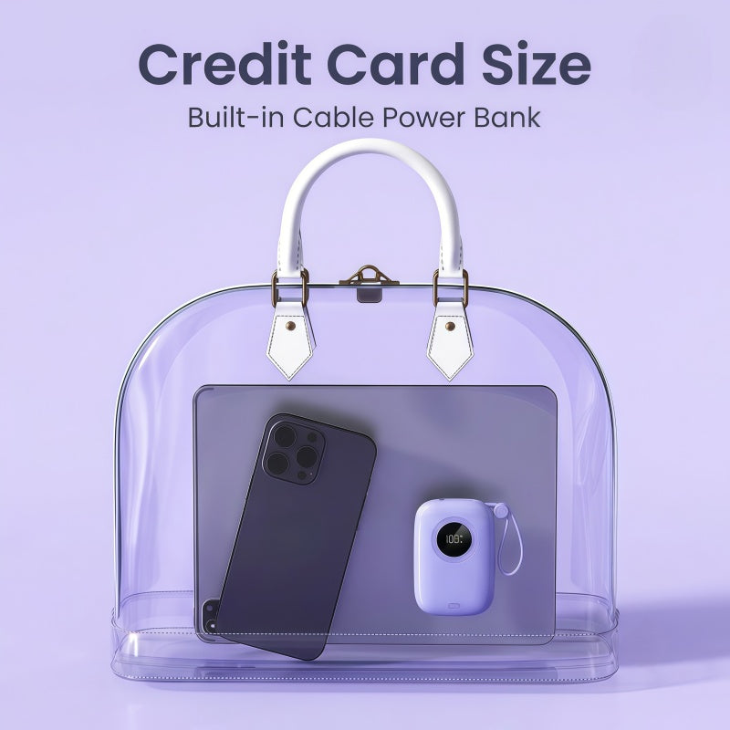 PD 20W Mini Portable Power Bank with Built-in Cable, LED Display & 3-Device Simultaneous Fast Charging