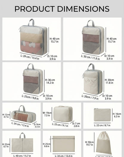 10-Piece Travel Compression Packing Cubes Set - Water-Resistant Ripstop Luggage Organizers - Khaki