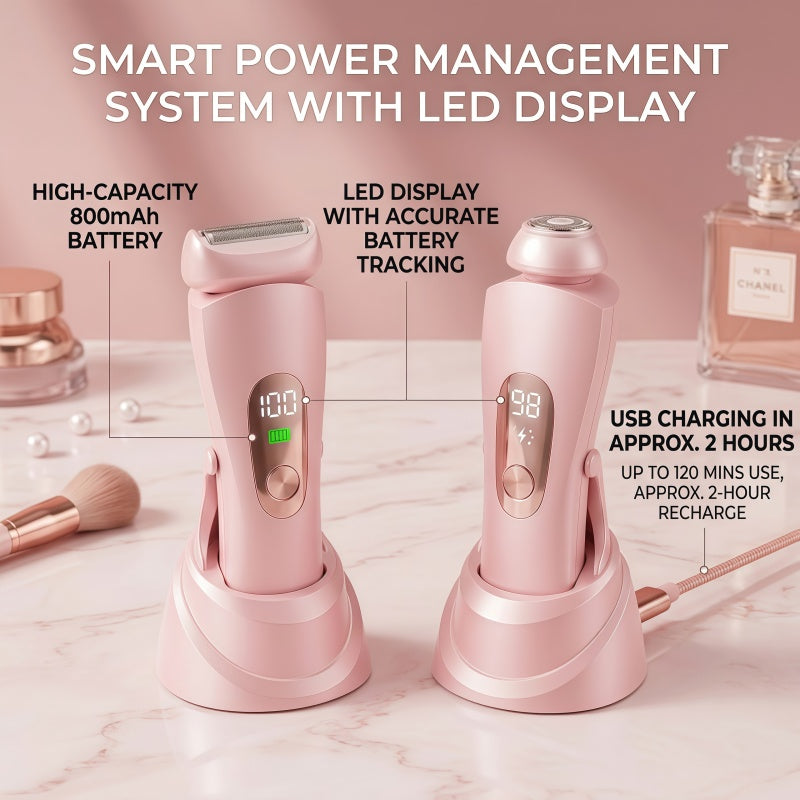 Women's 2-in-1 Rechargeable Electric Shaver & Hair Trimmer with LED Display, IPX7 Waterproof - Pink