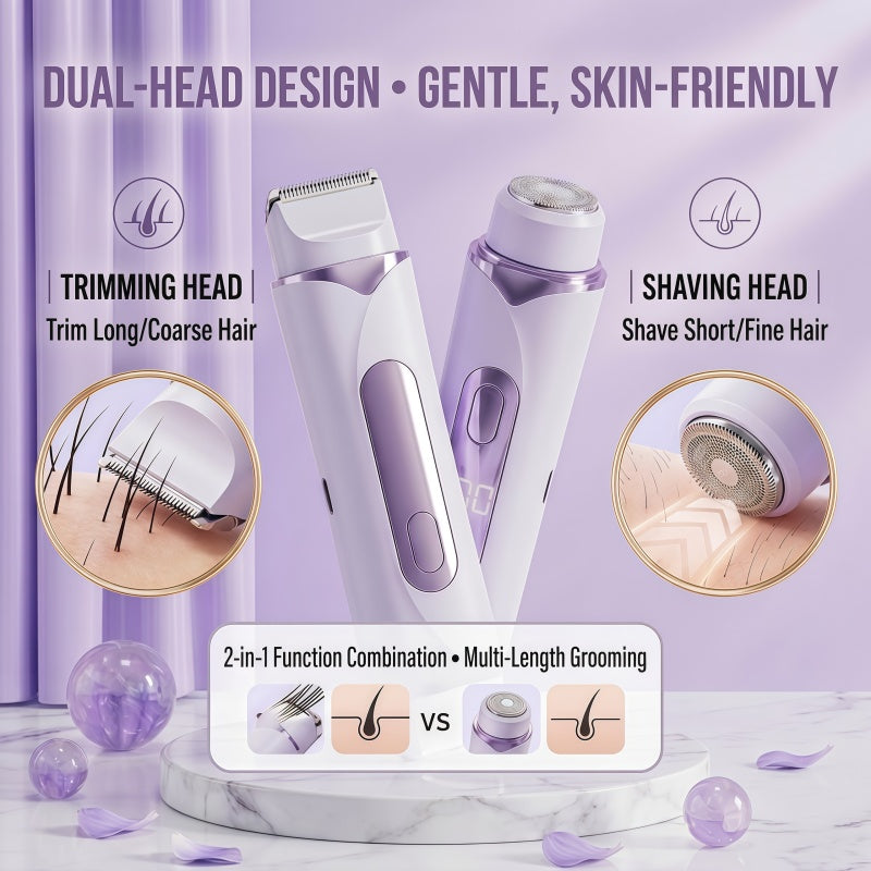 2-in-1 Electric Shaver for Women - IPX7 Waterproof Rechargeable Hair Trimmer with LED Display & Type-C Fast Charging