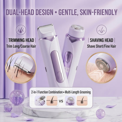 2-in-1 Electric Shaver for Women - IPX7 Waterproof Rechargeable Hair Trimmer with LED Display & Type-C Fast Charging